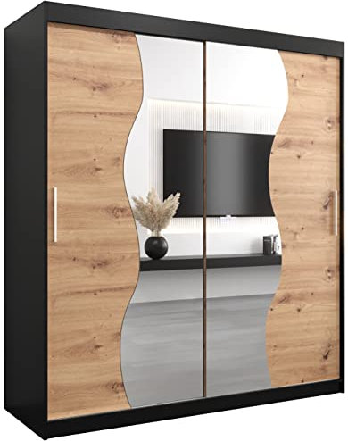 KRYSPOL Schwebetürenschrank Madryt 180 cm mit Spiegel Kleiderschrank Kleiderstange und Einlegeboden Schlafzimmer- Wohnzimmerschrank Schiebetüren Modern Design (Schwarz + Artisan Eiche)