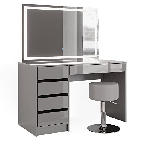 Vicco Schminktisch Sherry, Grau Hochglanz, 120 cm mit LED-Spiegel und Hocker