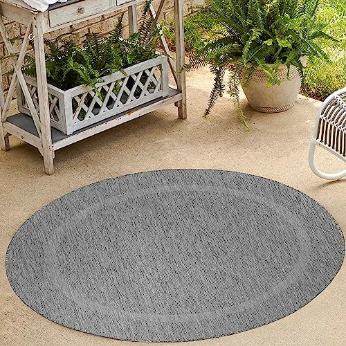 HomebyHome In & Outdoor Teppich Wetterfest Sisal Optik Grau 120 cm Rund - Balkon Teppich Wasserfest, Waschbar, Flachgewebe - Ideal für Küche, Camping, Garten und Terrasse