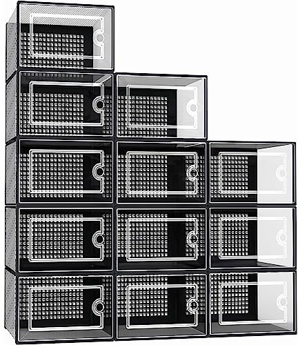 Taylor & Brown Shoe Storage Box, 12 Pack Clear Transparent Shoe Storage Boxes Hard Plastic Stackable Organiser Containers Bins, DIY Easy Assembly, Sturdy & Durable, Space Saving, Black Door Frame