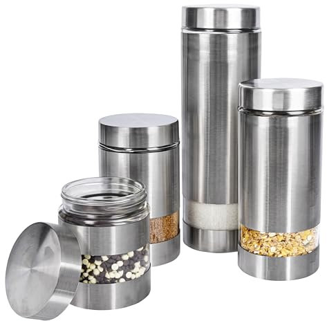 BELLE VOUS Lot de 4 Boite Rangement Cuisine en Inox à Fenêtre en Verre Transparent - Bocal Hermetique Cuisine - Ensemble de Récipients pour Conserver Café, Thé, Sucre, Farine, Fruits Secs
