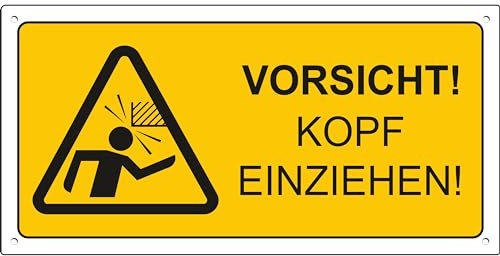 Pubblimania KOPF EINZIEHEN! ACHTUNG Schild | Brandschutzschild 3 mm starkes Aluminium (KOPF EINZIEHEN! Cm 29x14,5)