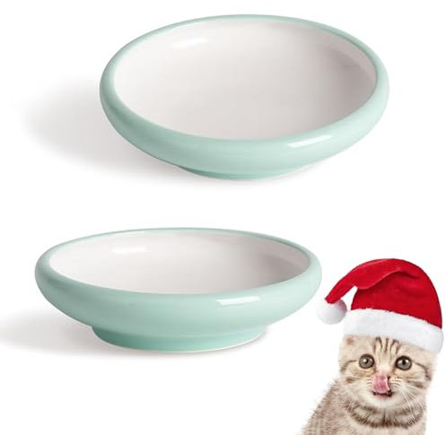 ComSaf Ceramic Cat Feeding Bowl, Wide Shallow Cat Food Water Dish, Whisker Friendly Design, Whisker Fatigue Free shallow cat bowl, Non Spill Pet Bowl, 300ML, Pack of 2, Green