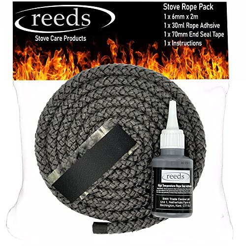 Reeds Black Stove Rope Kit 6mm with Large 50ml Reeds Adhesive - Flues Glass Door Seals Wood Burning Replacement Made in The UK (6mm kit 2m)