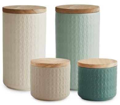SPRINGLANE Keramik Vorratsdosen mit Holzdeckel Mint, Kautschukholz-Deckel, Aufbewahrungsdosen, Frischhaltedosen - (4tlg. Set: Creme, Sand, Hellgrün, Dunkelgrün NEU)
