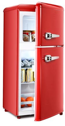 HOPDAY - Double Door Fridge with Freezer 3.2 Cu. Feet Retro Refrigerator, Adjustable Thermostat, Removable Glass Shelves Perfect for Your Kitchen or Office (Red)