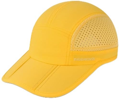 GADIEMKENSD Folding Running Men Hat Long Brim Golf Hats Quick Dry Baseball Caps Unstructured Breathable Light Cooling Cap Adjustable Trucker Hat for Hiking Workout Gym Tennis Travel Yellow