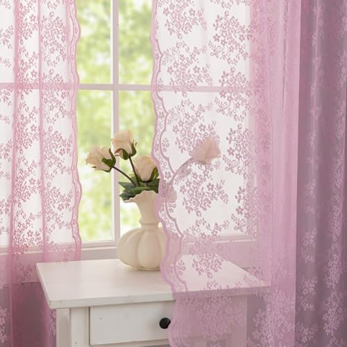 Light Lanvender Vorhänge für Schlafzimmer, Mädchen, 160 cm Länge, 2 Paneele, Set mit Spitze, violett, durchscheinende Vorhänge, Vintage-Blumenmuster, Voile, Fensterpaneele für Wohnzimmer,