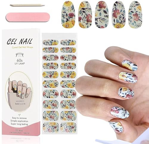 MrCuvaryas 20Stk Gel Nagellack Aufkleber, UV Gel Nagelfolie für Hände, Full Wraps Nagelaufkleber LED-Lampe Erforderlich Cured Gel Nail Strips mit Nagelfeile und Stick für Frauen (Yellow, 24x)