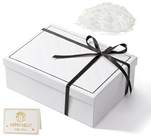 Geschenkbox mit Deckel 25 x 18 x 8,5 cm, Geschenkschachtel mit Schleife, Geschenkbox mit Schleifen, Geschenkschachtel mit Deckel, Grußkarten, für Hochzeit Geburtstag Weihnachten, Weiß