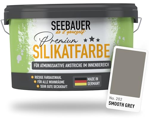 SEEBAUER diy Silikatfarbe Grau 5L für Innen (No. 202 Smooth Grey) Atmungsaktive Mineralfarbe für Allergiker - Abwaschbare Wandfarbe - Grautöne hohe Deckkraft