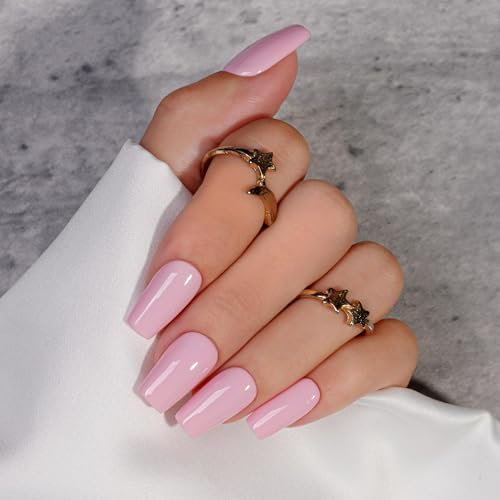 KQueenest Baby Pink Press on Nails Long Square, Pastel Light Pink False Nails with Glue, Glossy Medium Coffin Fake Nails Press ons, Natural Fit, Reusable Soft Gel Stick on Nail for Women 24 Pcs