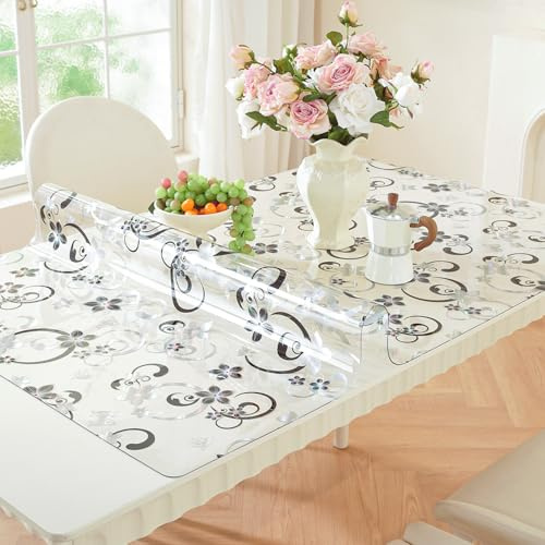 Tischfolie Transparent mit Blumenmuster 70 x 110 cm, 2mm Transparente Tischdecke Tischschutz, PVC Glasklar Folie Tisch Schutzfolie, Wasserdicht Schutztischdecke, Tisch Schutzfolie
