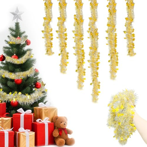 Lametta Weihnachtsbaum, 6PCS 3M Weihnachtsgirlande, Weihnachtsdeko Lametta Girlande, Weihnachtsdeko Innen Aussen Girlandes Tannen künstlich, Hängende Weihnachts deko Mit Sternen (Gold)