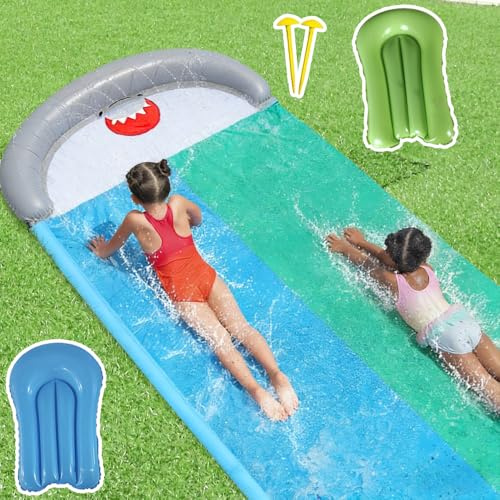 SKIKHN 550 x 145cm Wasserrutsche mit 2 Bodyboard, Doppel-Wasserrutsche, Wasserrutschbahn für Kinder und Erwachsene, Wasserrutsches Garten mit Sprinklern & Splash-Pool für Garten und Außen, Hai-Stil