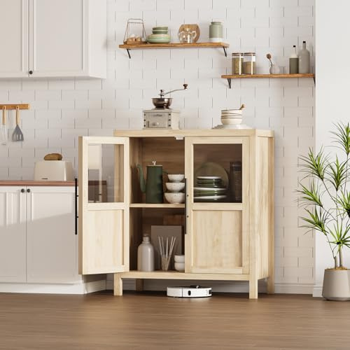 TUFSPRAX Buffet d'entrée Moderne 74 cm – 2 Portes vitrées, étagères, Style Ferme – Rangement pour Cuisine, Salon, Salle à Manger – Bois Naturel – Couleur Bois