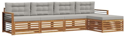 vidaXL Outdoor-Sofagarnitur mit Kissen 5 pcs Natürlich und Hellgrau, Gartenlounge, Moderne Outdoor-Sofa, gemütliche Sitzgruppe, langlebige Terrasse für entspannte Stunden