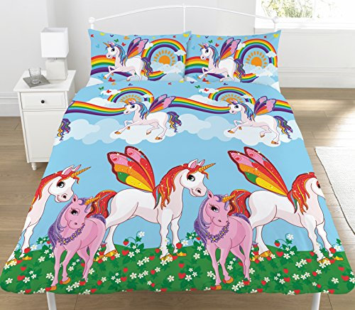 KidCollection Rainbow Unicorns Single/Double Reversible Duvet Cover Bed Set (Double Duvet Cover)