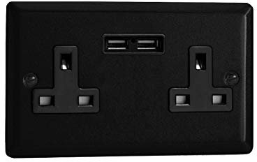Varilight 2-Gang 13A Unswitched Socket + 2x5V DC 2100mA USB Charging Ports Matt Black