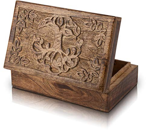 Great Birthday Gifts Handmade Decorative Wooden Jewellery Box Tree Of Life Carving Jewellery Organizer Keepsake Box Treasure Chest Trinket Holder Watch Box Storage Lock Box Housewarming Gift (Antique)