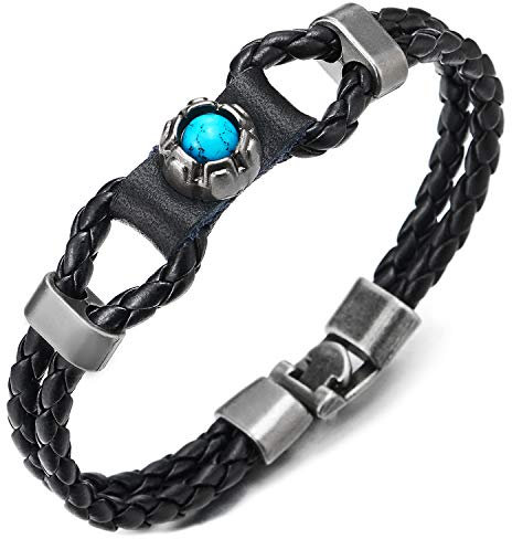 COOLSTEELANDBEYOND Herren Damen Zweireihige Schwarz Geflochtene Knoten Lederarmband mit Türkis Charme Bettelarmband