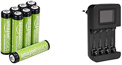Amazon Basics AAA-Batterien, wiederaufladbar, vorgeladen, 8 Stück (Aussehen kann variieren) & Intelligentes, digitales Akku-Ladegerät für 4 AA-, AAA-Akkus