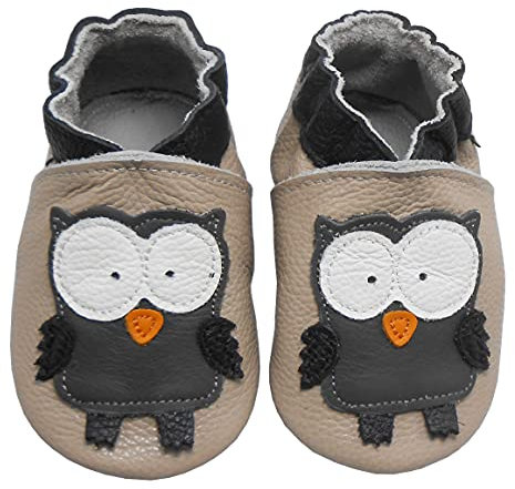Bemesu Krabbelschuhe Baby Lauflernschuhe Jungen Mädchen Weiche Leder Lederpuschen Hausschuhe kleinkind Barfußschuhe Baby Sockenschuhe Babyschuhe Beige Schwarz Eule (XL, 18-24 M, EU 23/24)