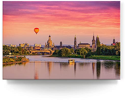 BilderKing Modernes Leinwandbild Skyline Dresden & Fluss Elbe 120x80cm groß | Kunstdruck auf Leinwand auf 2cm Keilrahmen - Ein wunderschönes Wandbild für Gästezimmer | Lounge | Schlafzimmer | Wohnzimmer