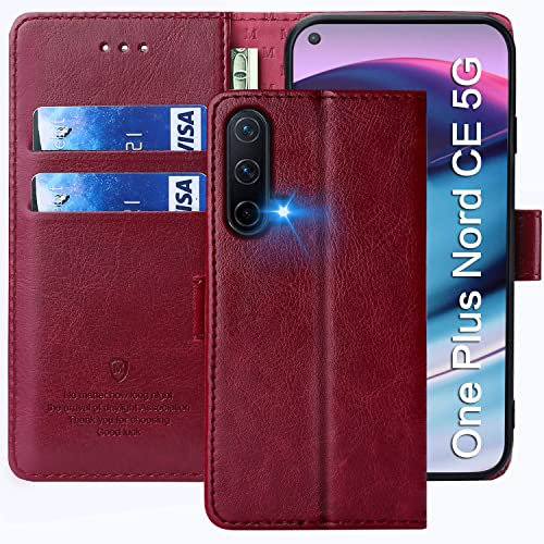 FMPCUON - Carcasa para Oneplus Nord CE 5G, Funda con Solapa Oneplus Nord CE 5G, Funda de Piel sintética para Oneplus Nord CE 5G, Color Rojo