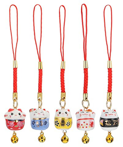 Generic 5 pièces Chinese Feng Shui Lucky Cat Hanging Pendentif pour téléphone portable Maneki Neko Charm pour fortune, richesse, téléphone, style décontracté, 10 x 2 cm., Céramique