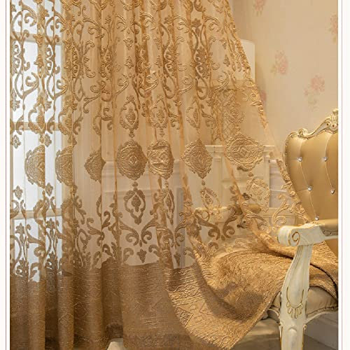 Amidoudou 1 Paar luxuriöse europäische durchsichtige Vorhänge, hohlbestickt, Tüllvorhänge für Schlafzimmer, Wohnzimmer (Gold, 140 x 230 cm)