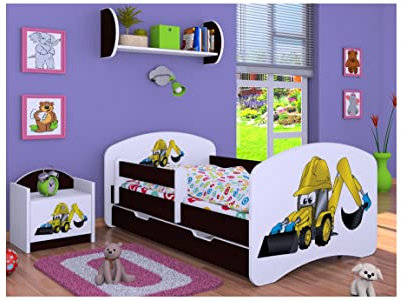 BDW Kinderbett mit Matratze und Bettkasten - NEU, 140/160/180/190 Verschiedene Motive Für Junge Bagger (Dunkelvenge, 140x70)