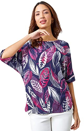 Roman Originals Leaf Print Textured Tunic Top for Women UK - Ladies Everyday Holiday Spring Summer Round Neckline Comfy Soft Evening Vacation Work Party - Pink - Size 12
