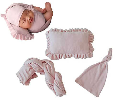 3pcs/Set Newborn Photography Props, Newborn Stretch Swaddle Wrap Blanket Hat and Posing Pillow Prop Baby Newborn Photography Photo Blanket Set for Baby 0-6 Months