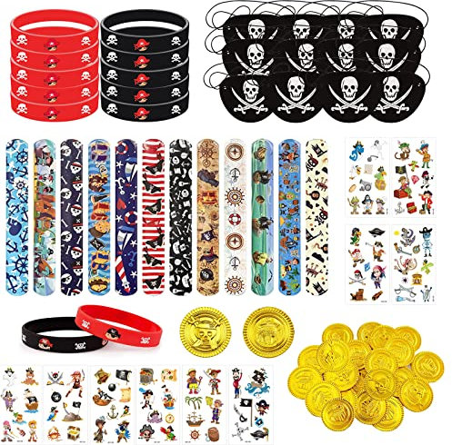 GAROMIA 70 Stück Kindergeburtstag Pirat Set Piraten Deko Kinder Piraten Goldmünzen Piraten Silikonarmbänder Piraten Augenklappe Piraten Tattoos Piraten Accessoires für Kinder Piratenparty