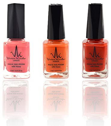 (Combo of 3) Henna Infused Permeable Nail Polish Wudhu and Vegan Friendly Long lasting Halal Polish [CoralReef + Sunset + RubyRed]