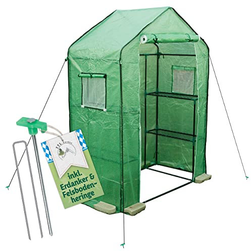 TTL Garden Foliengewächshaus 195 x 143 x 73 cm grün - Tomaten & Pflanzen Gewächshaus Treibhaus mit Gitter Schutzfolie, 2 Fenster mit Fliegengitter Bodenanker 6 Etagen + Regal Böden Winterfest