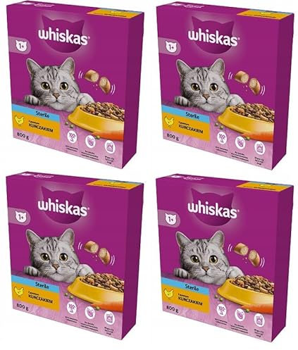 Whiskas Adult Sterile 1+ Trockenfutter mit Huhn im Karton, 4 x 800g (4 Packungen) - Katzentrockenfutter für Erwachsene sterilisierte BZW. kastrierte Katzen