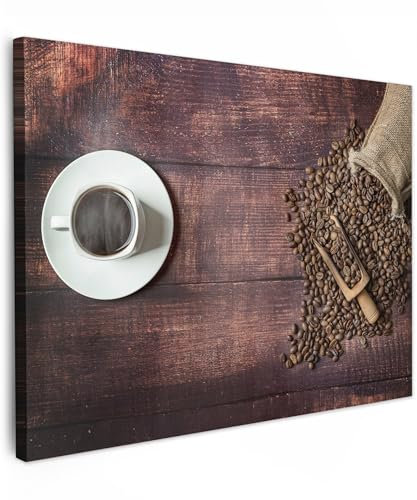 MuchoWow© Bild auf Leinwand 80x60 cm Schlafzimmer Bilder Wand Deko Wohnzimmer Modern Wanddeko Bilderwand Geschenk Kaffee - Kaffeebohnen - Küche - Holz - Beutel