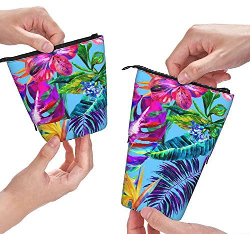 XVBCDFG Rosa Blume Tropische Pflanze Druck Bleistift Fall Stehen Bleistift Pouch, Teleskop Schreibwaren Pen Pouch, Stehende Bleistifttasche mit Reißverschluss, siehe abbildung, Einheitsgröße,