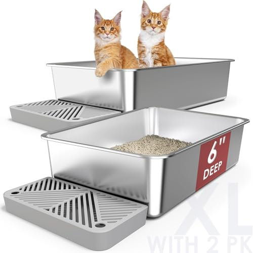 2 Pack 23.6 x 15.7 x 6 Deep & Extra Large Stainless Steel Cat Litter Boxes, High Sides Metal Cat Litter Box for Multi-Cats Big Cats XL Metal Litter Pan Tray, Non-Sticky, Easy Cleaning