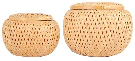 FutureHight Lot de 2 petites corbeilles décoratives en bambou avec couvercle pour ranger les petits objets, boîte en bambou tressée et fabriquée à la main pour le rangement