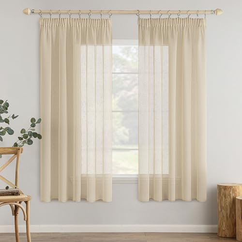 MIULEE 2er Set Voile Vorhang Sheer Vorhang mit kräuselband Transparente Leinenoptik Gardinen Wohnzimmer Modern Fensterschal Schlafzimmer 140x145cm (B x H) Beige