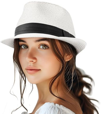 Chapeau Fedora en paille pour homme et femme - Pliable - Bord court - Chapeau de trilby - Chapeau de soleil Panama - UPF 50+, blanc, M/L