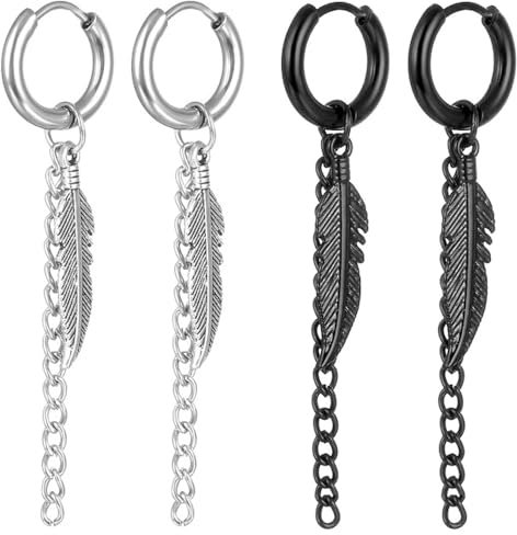 Kawailay Feder Creolen Ohrringe - Edelstahl Ohrstecker Rock Punk Hängend Huggie für Herren - Silber Schwarz Stil 3