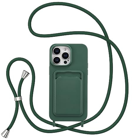 ZTOFERA Handykette Hülle für iPhone 15 Pro mit Kartenhalter, Liquid Silikon Handyhülle mit Umhängeband, Schutzhülle mit Band Kordel zum Umhängen Necklace Hülle für 15 Pro, Dunkelgrün