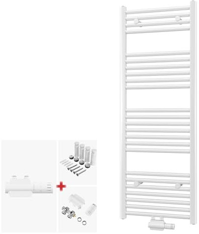 DESIGNO Badheizkörper Logatherm 1800x600 | inkl. Buderus Logafix Universalarmatur Set - Montagezubehör | Wärmeleistung 944 Watt | Mittel- Seitenanschluss | weiss | Handtuchhalter