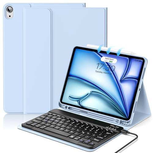 aoub Hülle mit Tastatur für iPad Air 11 Zoll 2025 M3/2024 M2 7./6./ 5./ 4. Generation 2022/2020, Tastatur mit Hülle für iPad Air 11 Zoll/ 10,9 Zoll, QWERTZ Layout, Blau
