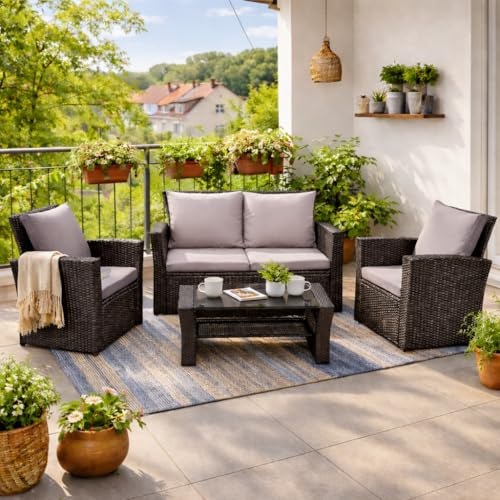 LANOX 4-Teiliges Poly Rattan Balkonmöbel Set mit Sofa und Couchtisch, Grau | Wetterfeste und UV-beständige Lounge Sitzgruppe für 4 Personen. Ideal für Balkon, Terrasse und Garten.