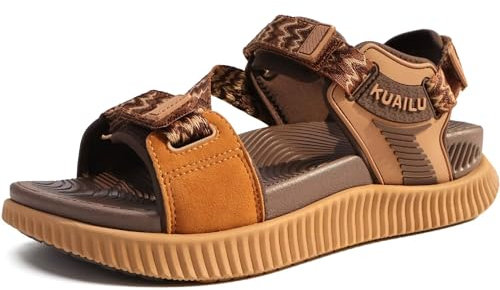 KuaiLu Sandales Randonnée d'extérieur Confort Orthopédique Soutien Voûte Plantaire Réglables Trekking Cuir Légères Ouvertes Marche Antidérapantes Kaki Marron 39
